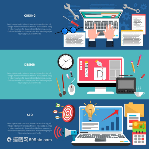 網頁開發(fā)水平橫幅編碼SEO元素隔離矢量插圖網頁開發(fā)橫幅